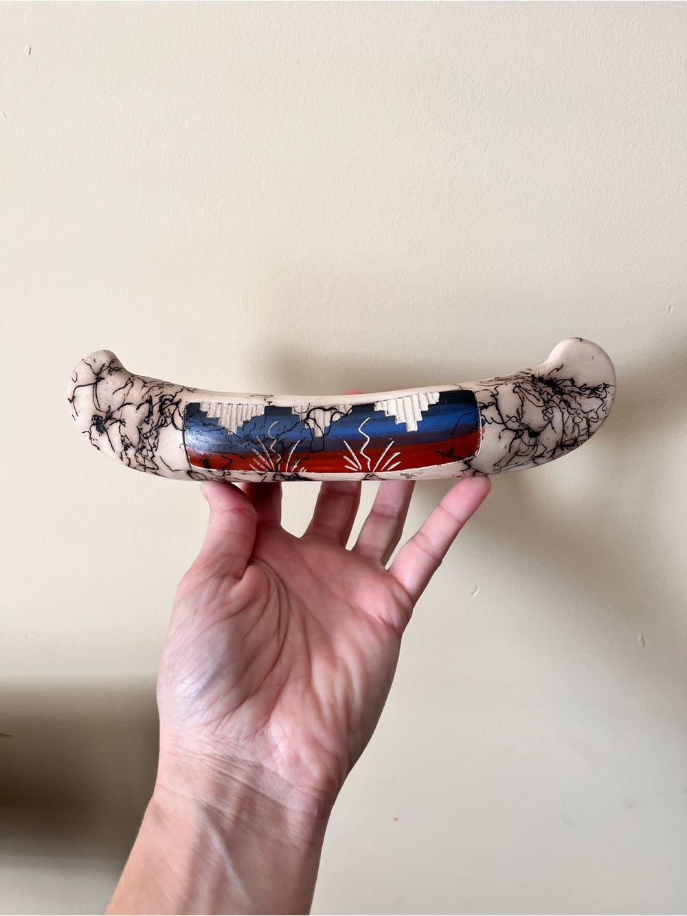 Navajo horse hair pottery ceramic canoe hand-painted signed tribal folk art
